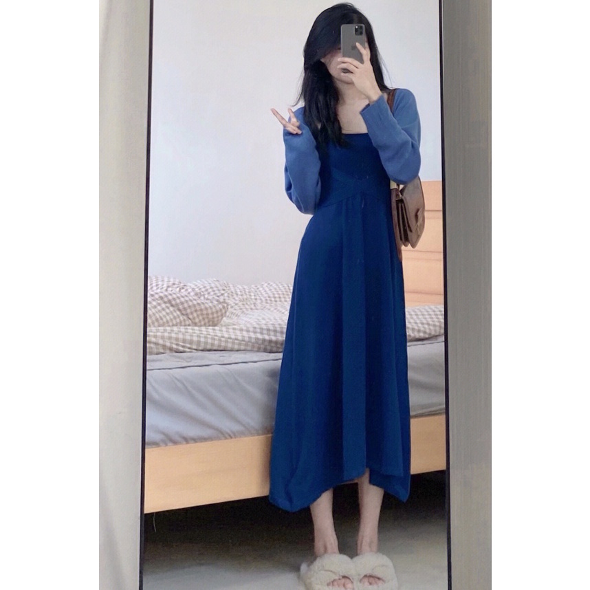 Set váy hai dây cổ yếm màu xanh dương đậm +Áo khoác len cardigan ngắn gợi cảm điệu đà MORAN