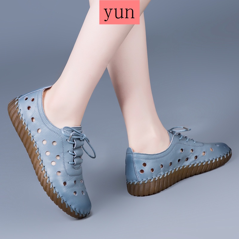 Giày Sandal Da Mềm Đế Bằng Đục Lỗ Thời Trang Mùa Hè 2021 Cho Nữ