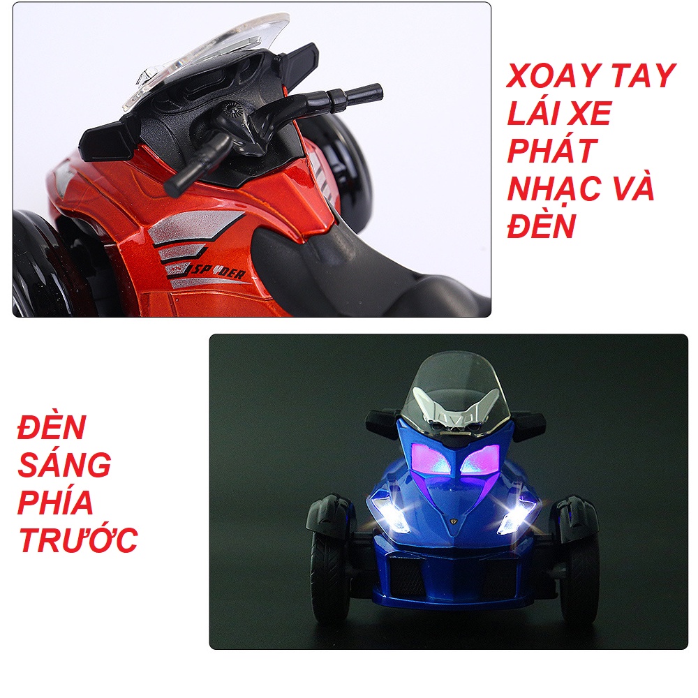 Mô hình Xe mô tô 3 bánh đồ chơi trẻ em bằng kim loại tỉ lệ 1:32 xe chạy cót có âm thanh và đèn