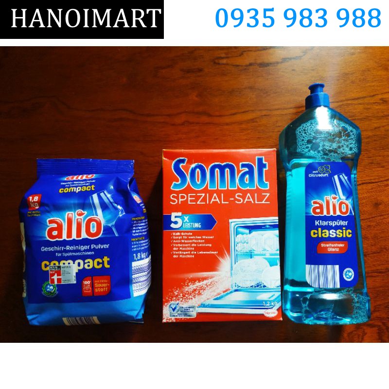 Combo cho máy rửa bát: Bột rửa Alio 1.8kg + Muối Somat 1.2kg + Bóng Alio 100ml + Chai vệ sinh Máy rửa bát Alio