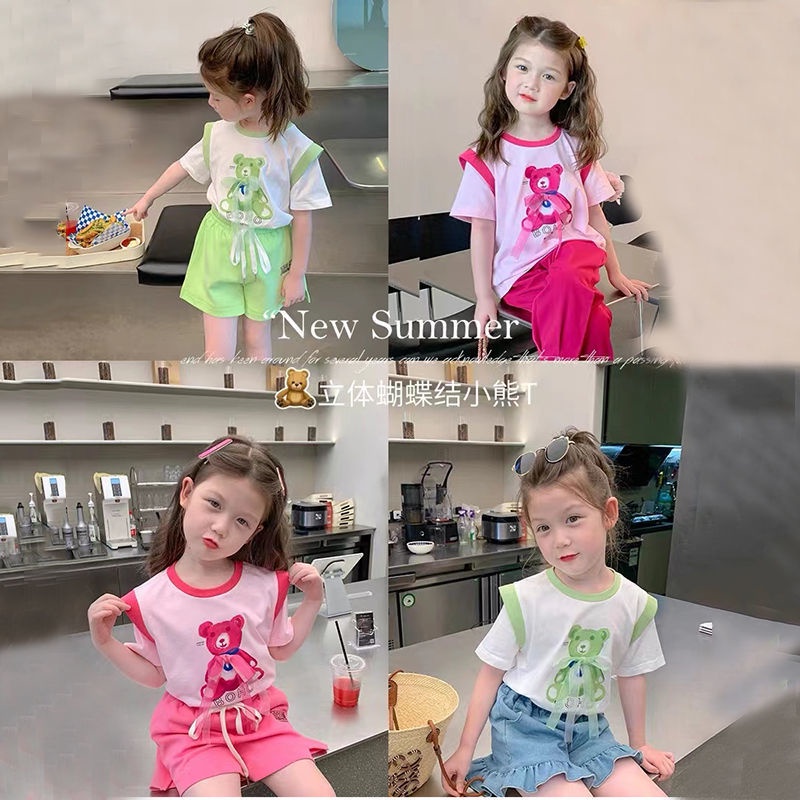 [Hàng Mới Về] Set Áo Thun Tay Ngắn Giả Hai Lớp Bằng Vải Cotton Thoải Mái Phong Cách Hàn Quốc Dành Cho Bé Gái