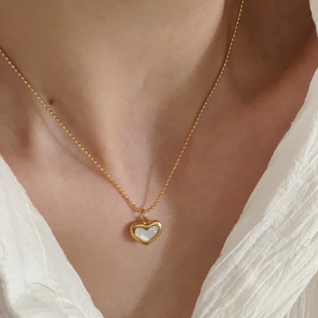 Dây chuyền titan basic mặt trái tim khảm sà cừ, mạ vàng 14k  [  KHÔNG ĐEN GỈ ]   Her Accessories CT7