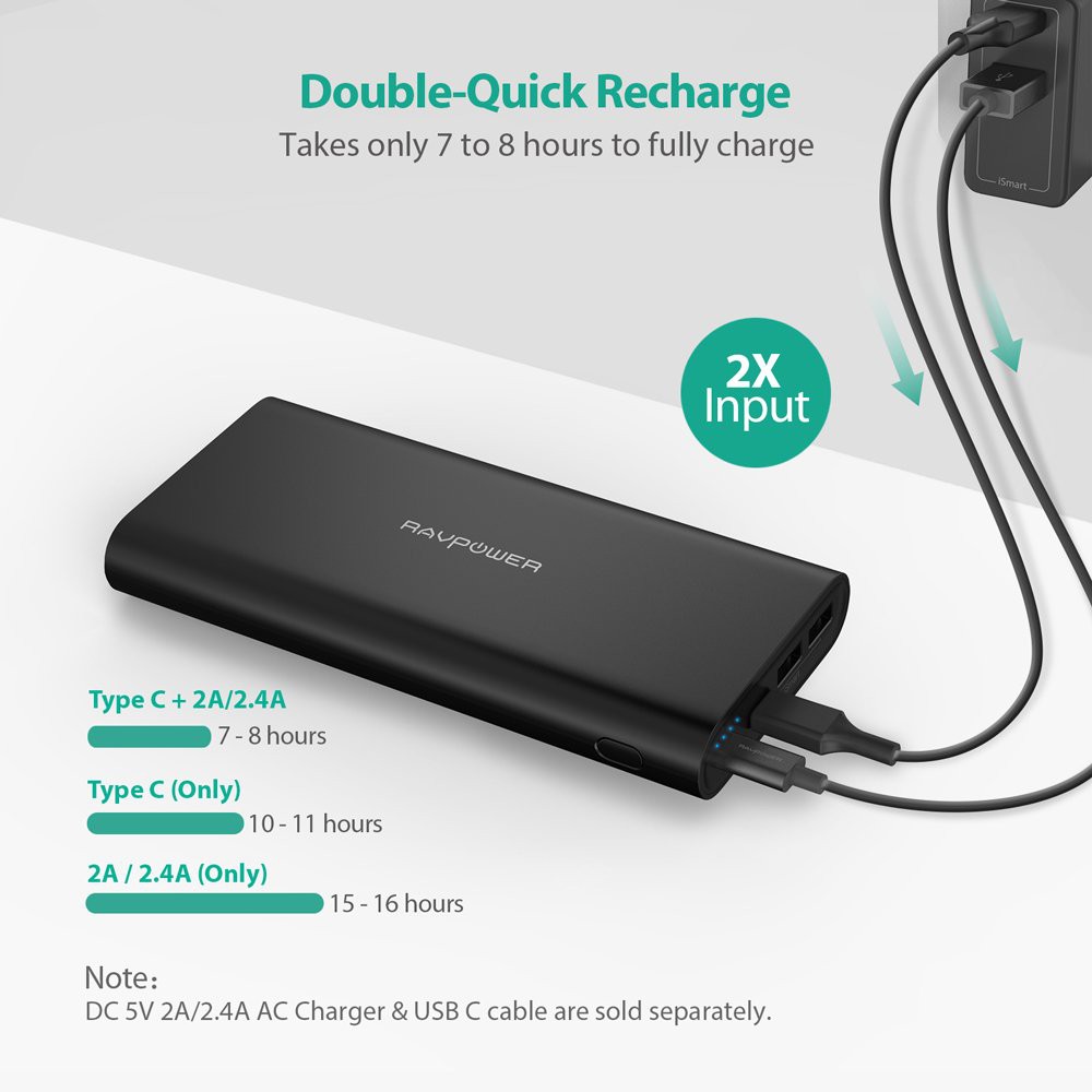 [Mã ELTECHZONE giảm 5% đơn 500K] Pin Sạc Dự Phòng RAVPower 26800mAh 15W Cổng In/Out Type-C, RP-PB067:Black