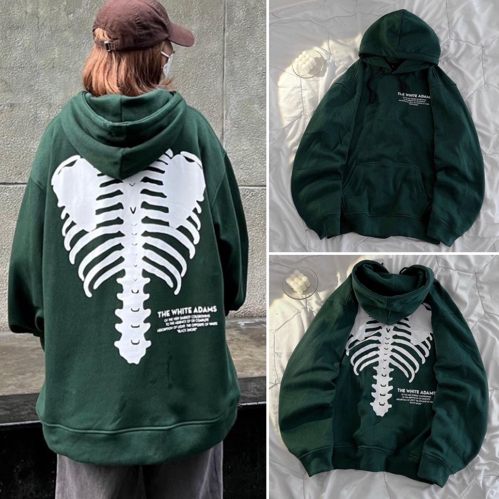 Áo Hoodie Nỉ Xương Người Áo Hoodie Nỉ Xanh Rêu Ngoại Dày Dặn Tay Bồng Form Rộng Unisex