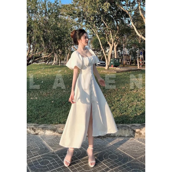 Váy dúm ngực tôn v1 đầm tay bồng cúc bọc đai eo bản to định hình v2 hàng thiết kế tỉ mỉ-Minxy shop