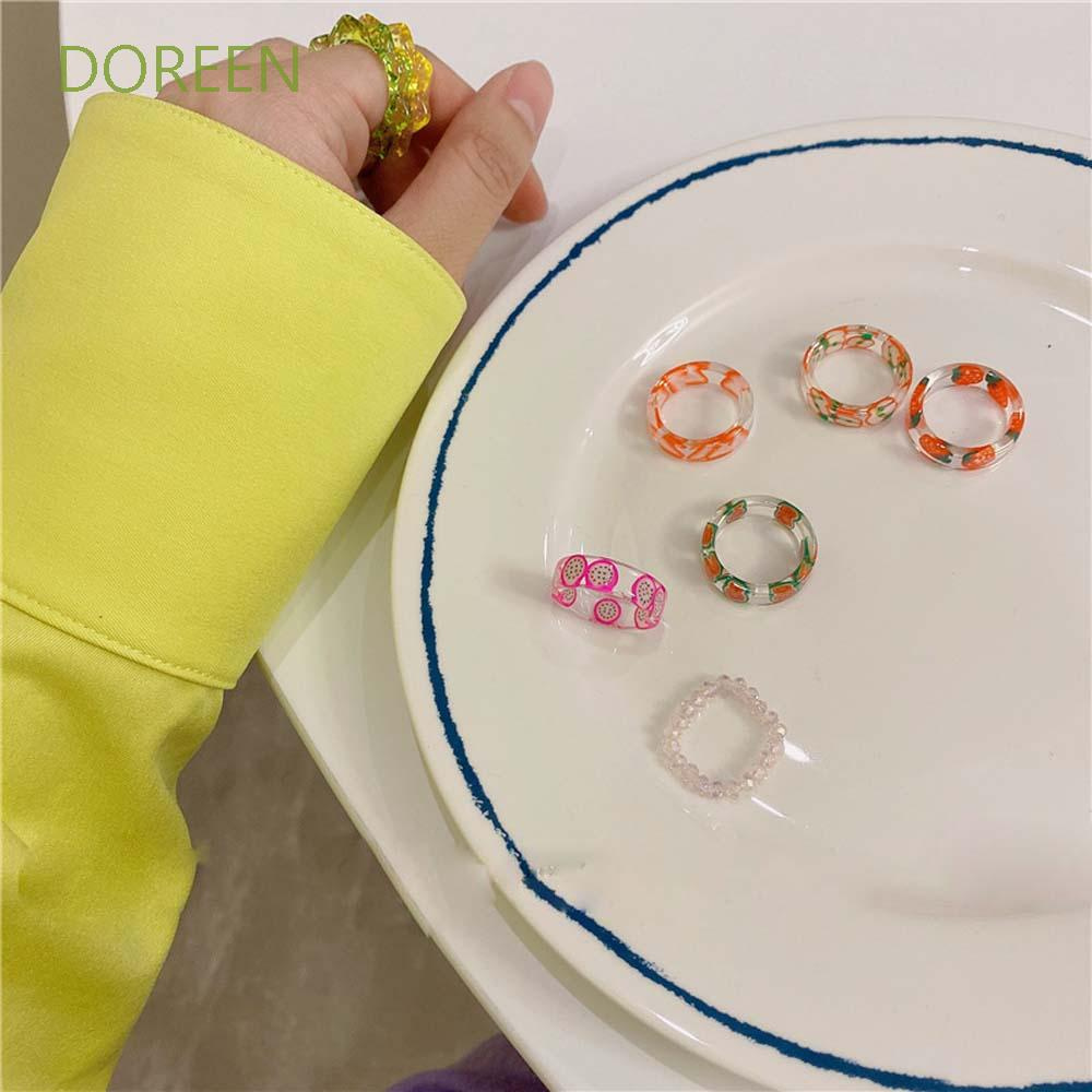 DOREEN Cute Index Finger Ring Retro Resin Acrylic Rings Fruit Candy Color Korean Geometric Beads Girls Fashion Jewelry