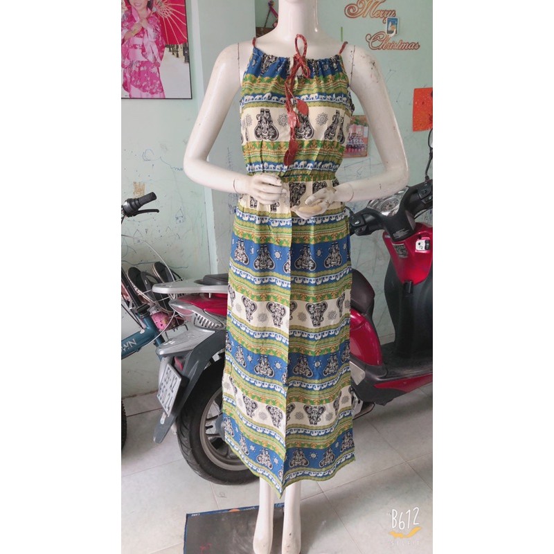 [chọn màu]Đầm maxi lanh lụa yếm cách điệu dây da xinh xắn (47-60ky) | BigBuy360 - bigbuy360.vn