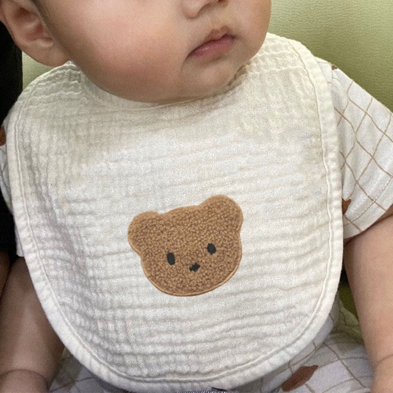 Yếm Ăn Vải Cotton Mini Thêu Hình Gấu Thời Trang Cho Bé Sơ Sinh