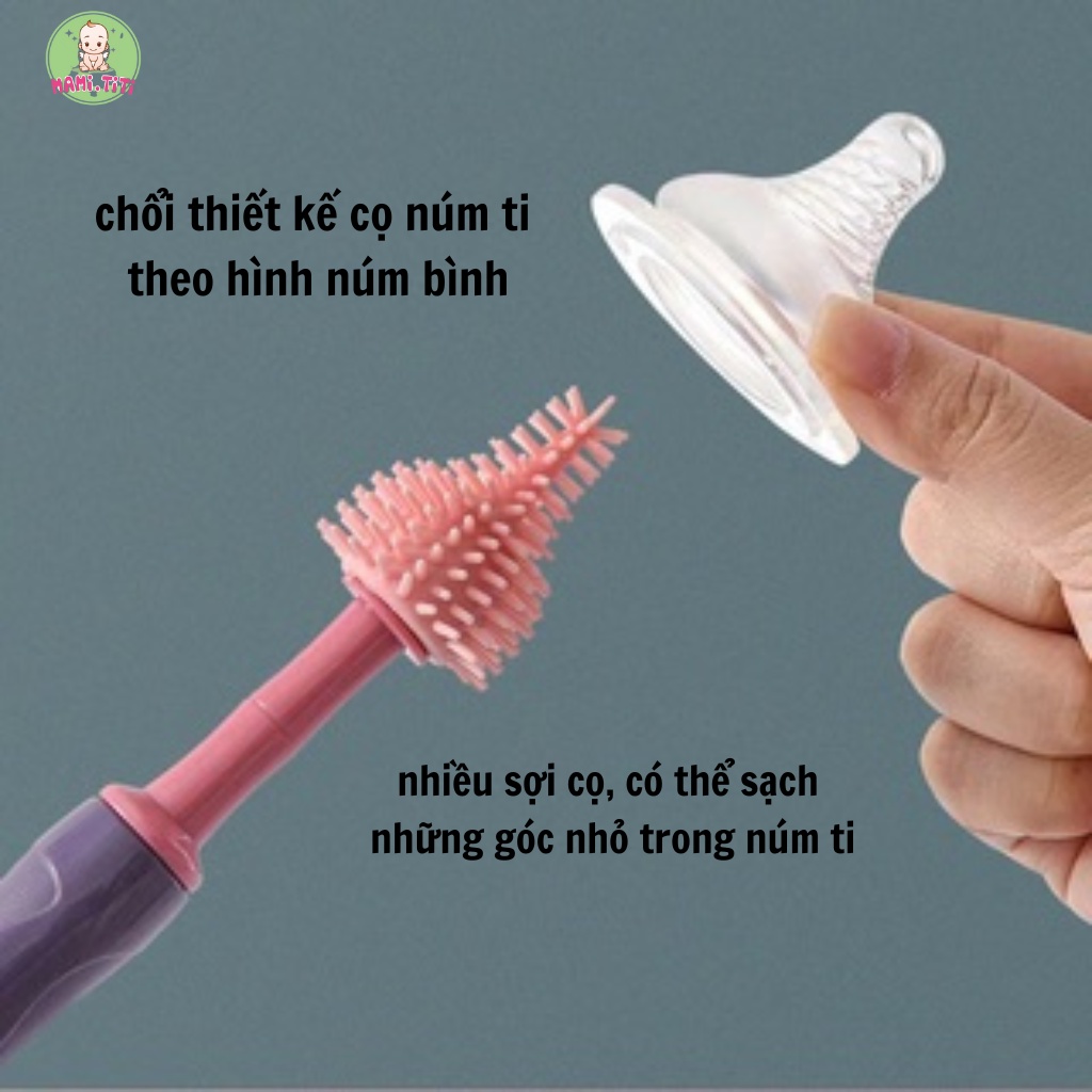 Cọ bình sữa, Cọ bình SILICON 3 chi tiết xoay 360 độ dễ dàng vệ sinh bình sữa