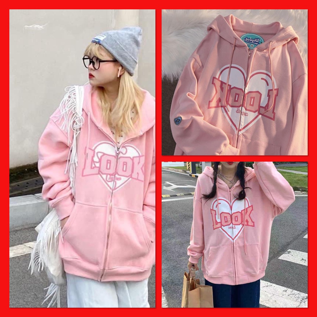 Áo Hoodie Hồng LooK Nữ [FREESHIP]  Hodie Mũ form rộng tay bồng, kiểu dáng vintage cá tính Ulzzang