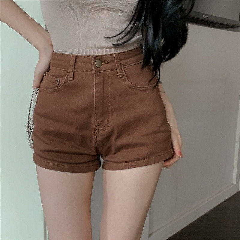 Quần Short Denim Màu Nâu Caramel Lưng Cao Dáng Ôm Gợi Cảm Phong Cách Hàn Quốc Cho Nữ