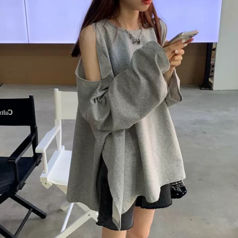 Dáng thun vải cotton dáng rộng hở vai phối màu trơn thời trang mùa thu Hàn Quốc dành cho nữ