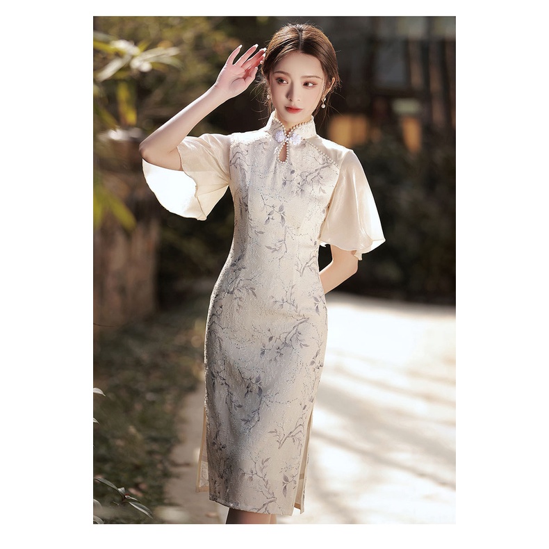 Sườn xám cách tân nữ hán phục đầm sườn xám truyền thống body tay bồng cổ đính ngọc dáng cổ điển mùa hè từ 45--70 kg