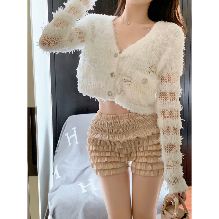 Áo croptop dài tay cổ chữ V phối quần ngắn thời trang nữ thu đông phong cách tiểu thư ngọt ngào khí chất 2022