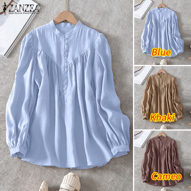 Zanzea Áo Kiểu Tay Phồng Cổ Đứng Xếp Ly Cài Nút Phong Cách Cổ Điển Thời Trang