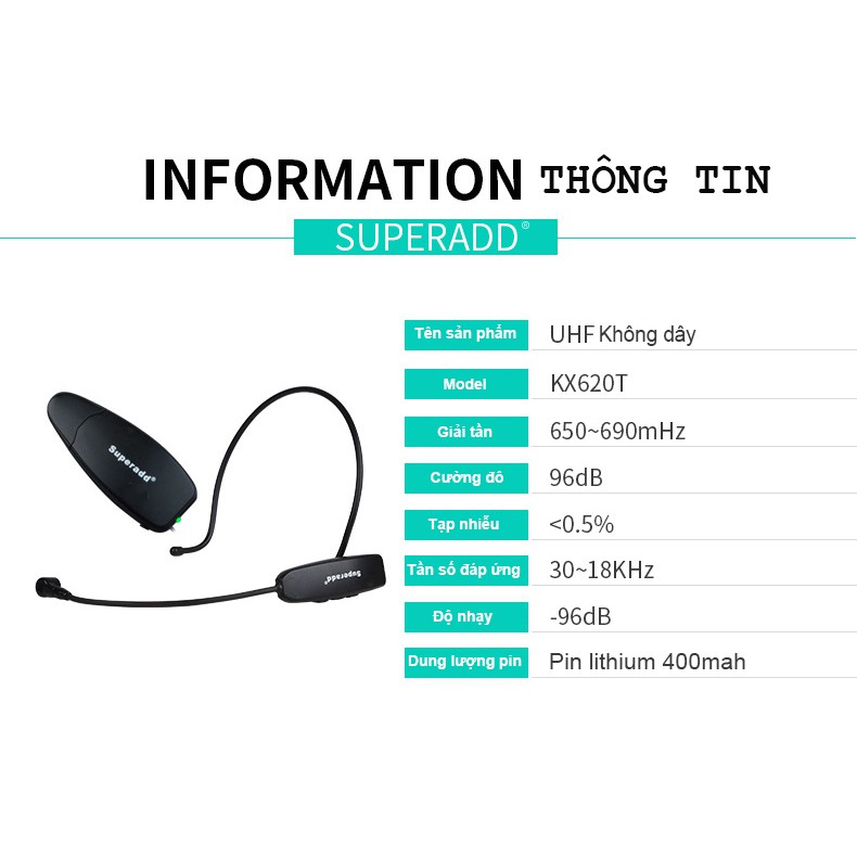 Micro không dây choàng đầu SUPERADD KX62T cho loa trợ giảng, loa kéo và các thiết bị âm thanh