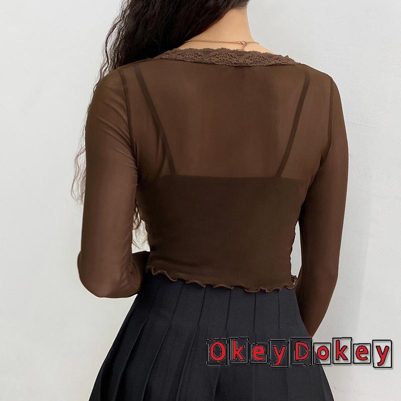 Áo Thun Tay Dài Cổ Tròn Phối Ren Dáng Rộng Xuyên Thấu Thời Trang Dự Tiệc Cho Nữ Y2K