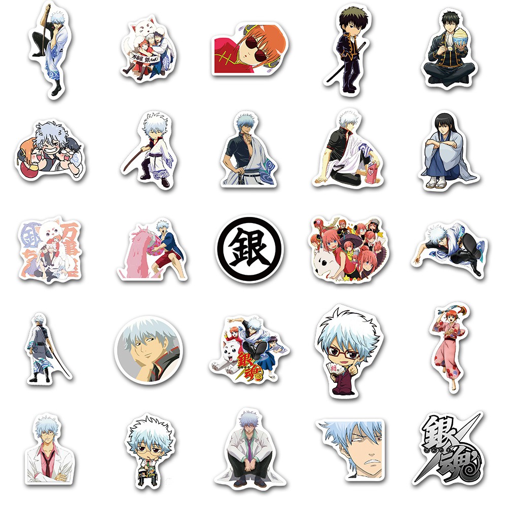 Set 50 sticker chống thấm nước họa tiết hình hoạt hình Gintama dễ thương