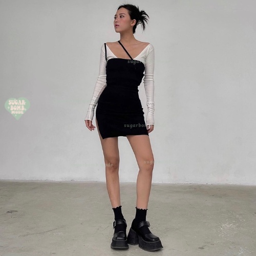Đầm Body Sexy Tay Dài sugarbomb.mode Váy Ôm Eo Ôm Ngực Màu Đen Ngắn Dự Tiệc Chất Thun Co Giãn Tặng Kèm Áo Trắng-106