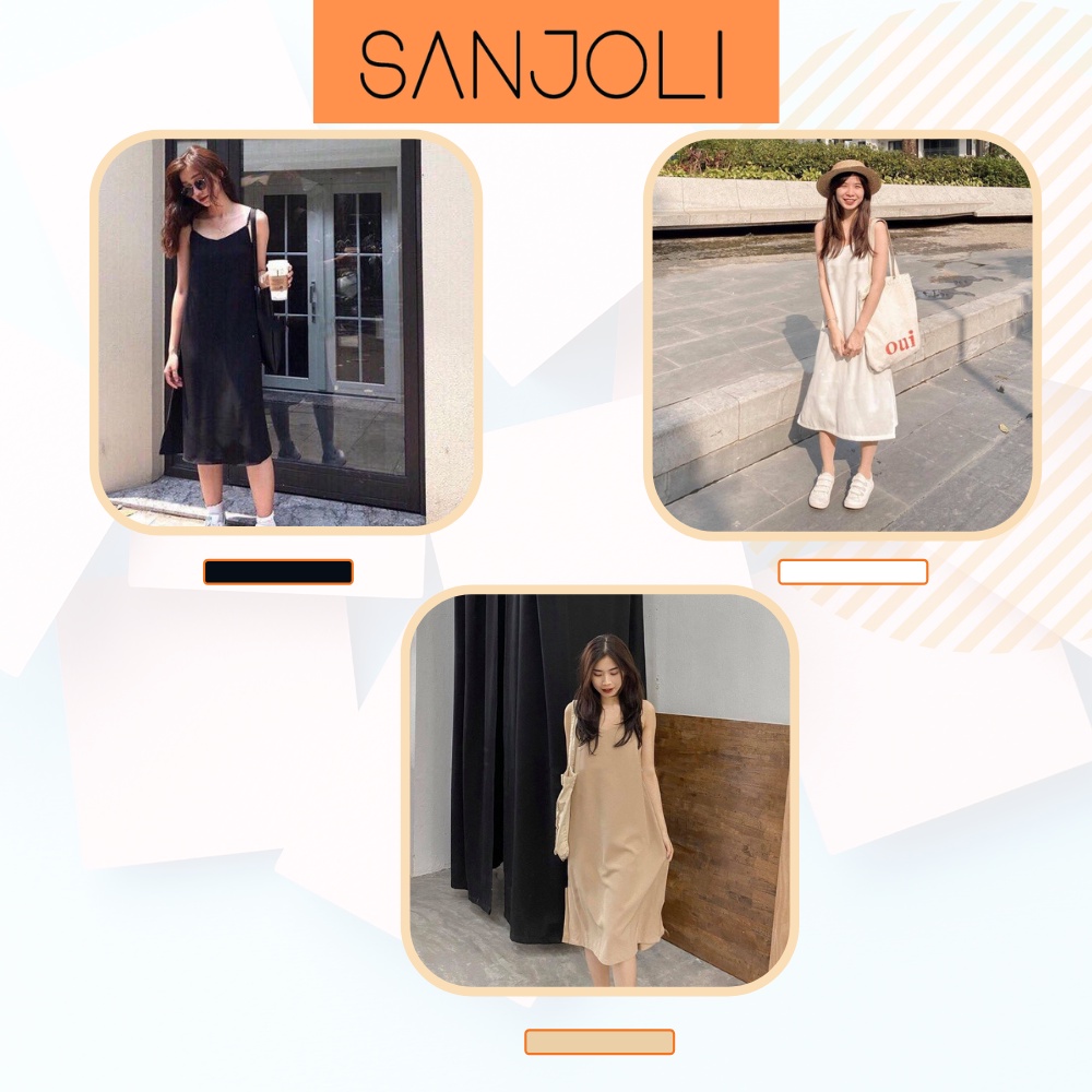 Váy Maxi Đi Biển SANJOLI Đầm 2 Dây Dài Vải Đũi, Thiết kế dáng dài màu trắng, đen, be, đi chơi, đi biển VD028
