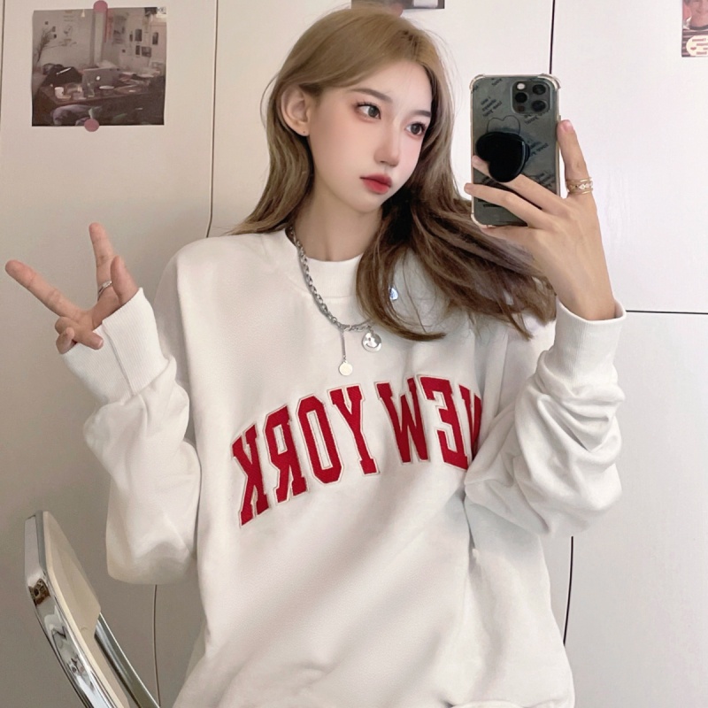 SUXI Áo sweater cổ tròn thêu chữ phong cách mùa thu mới cho nữ