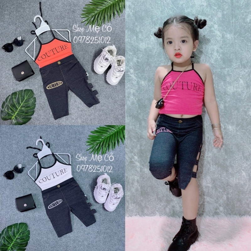 Set Thiết Kế Mới Cho Bé Áo Yếm Cột Dây Phối Quần Thun Jean Dãn Thoải Mái