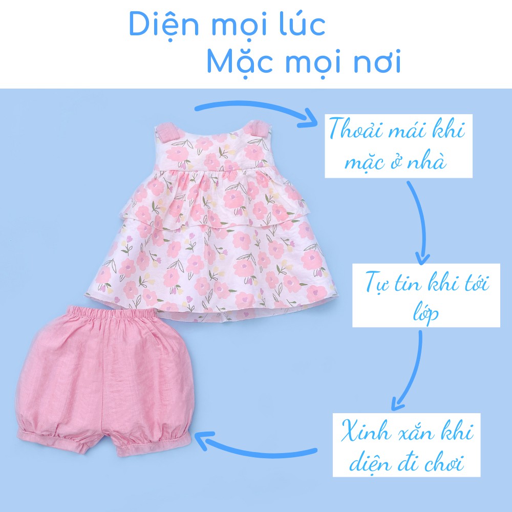 Bộ quần áo bé gái mùa hè chất đũi mềm thấm hút tốt, đồ bộ bé gái từ 1 tuổi đên 5 tuổi Luhana