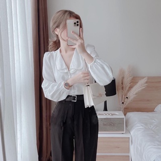 Áo sơ mi nữ trắng vải lụa phối dây ngọc viền cổ, sơ mi công sở, sơ mi cách điệu