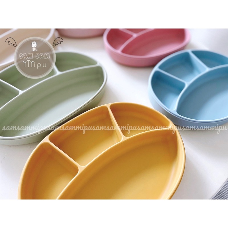Ảnh thật khay ăn dặm silicon cao cấp Oval 4 ngăn màu Pastel có đế hít chống đổ, Không Chứa BPA  - Shop Mẹ Sam