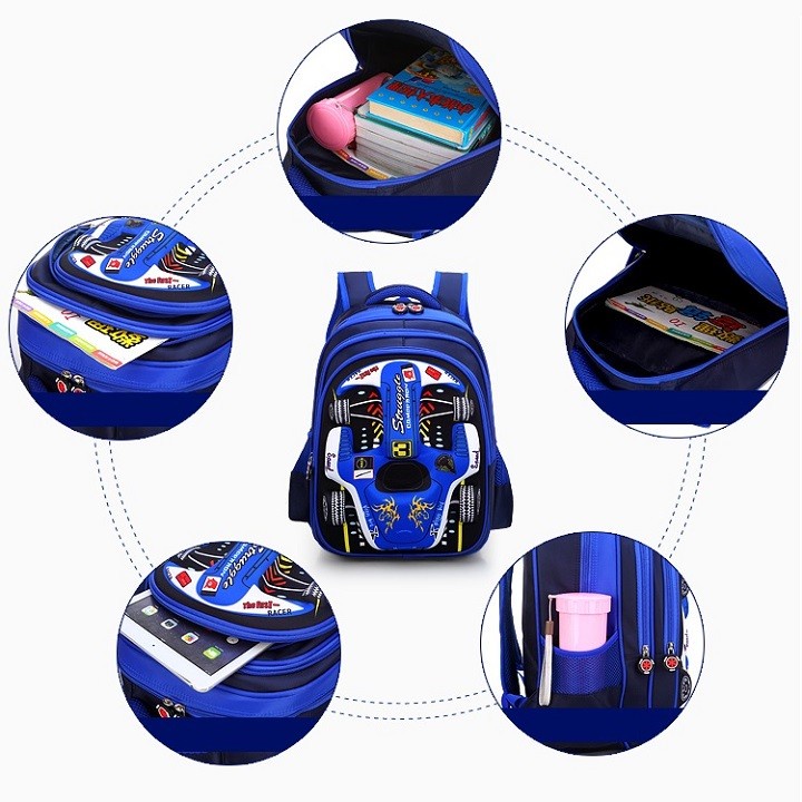 Balo học sinh chống gù, chống thấm nước cao cấp in hình 3D oto - BLHS12