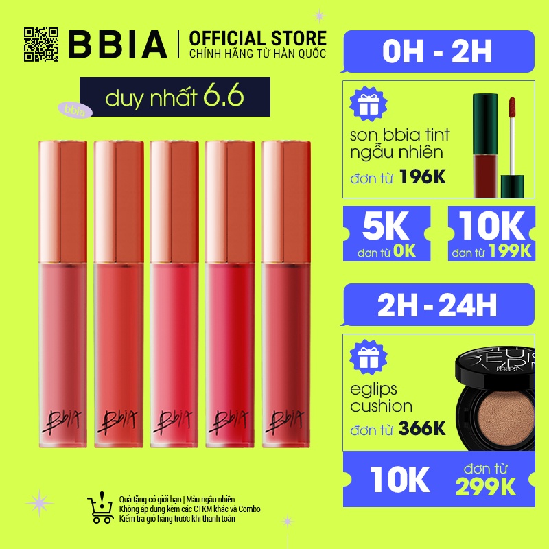 [Mã FMCGMALL -8% đơn 250k] Son Kem Lì Bbia Last Velvet Lip Tint Version 4 (5 màu) 5g Bbia Official Store