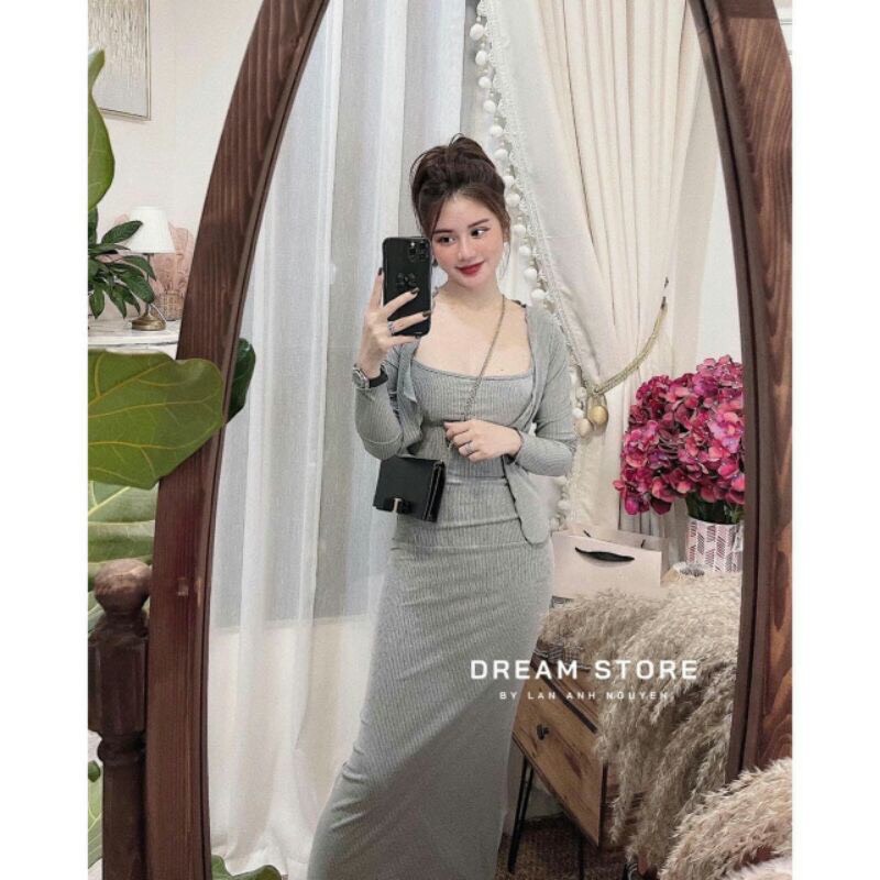 Set Váy Maxi 2 Dây dáng chữ A Kèm Áo Khoác Len Cadigan✌️ mùa thu đông