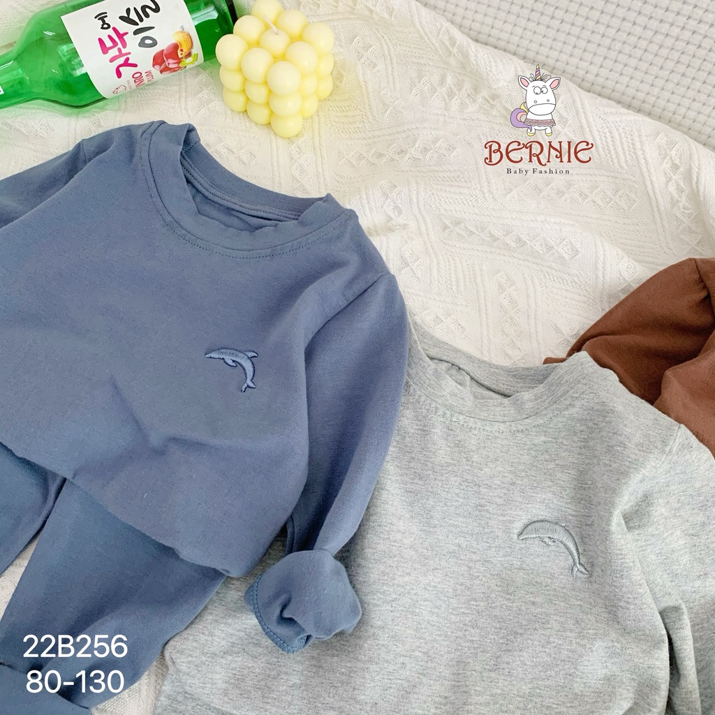 Bộ cotton unisex dài tay cho bé, bộ thun tay dài trơn thêu hoạ tiết cá màu Bernie