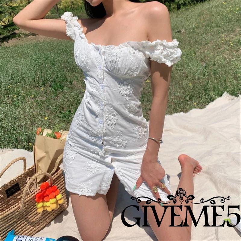 Đầm Trắng Mini Cổ Chữ V Trễ Vai In Họa Tiết Hoa Thanh Lịch Cho Nữ