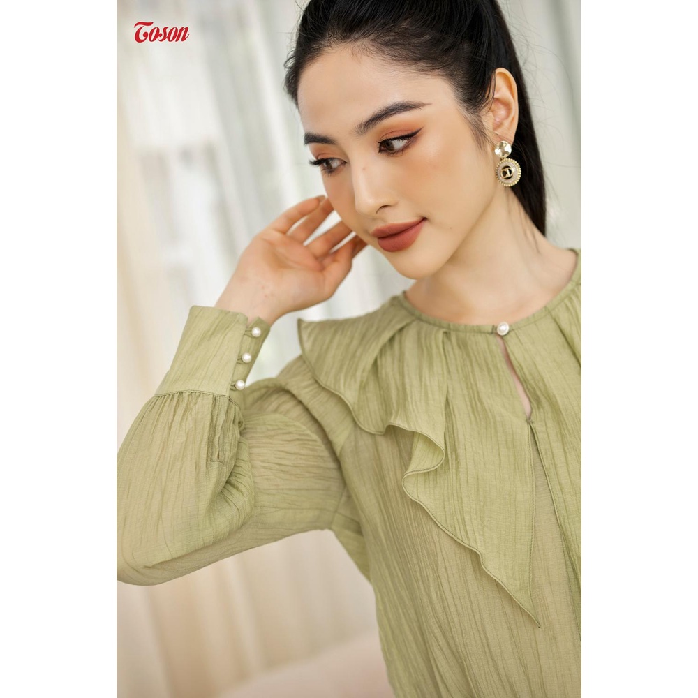 Áo sơ mi tơ xanh cốm cổ bèo to cắt chéo Toson 11964X52