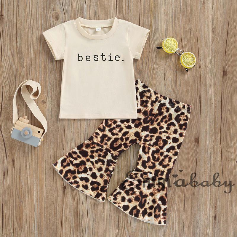 Áo Thun Tay Ngắn Và Quần Dài Ống Loe Họa Tiết Da Báo Cho Bé Gái