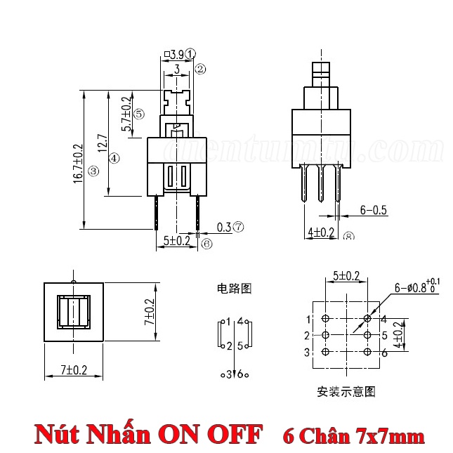 Nút Nhấn ON OFF 6 Chân 7x7 mm