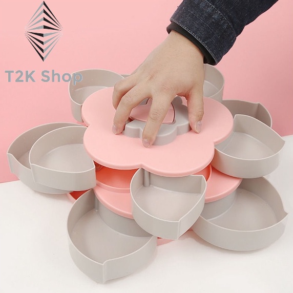 Khay đựng mứt tết - Hộp đựng mứt tết bánh kẹo 2 tầng xòe hình cánh hoa xoay 360 độ - T2K Shop