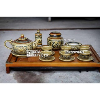 Bộ ấm chén hoạ tiết khắc nổi hoa phù dung BÁT TRÀNG
