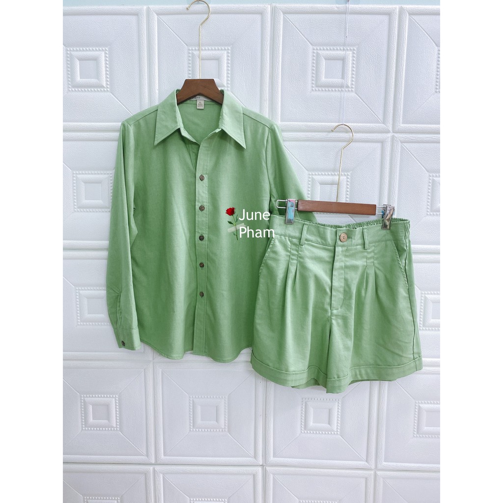 JUNE LINEN S11 - Sét LINEN BỘT áo sơ mi tay dài và short. Ảnh thật. 3 MÀU