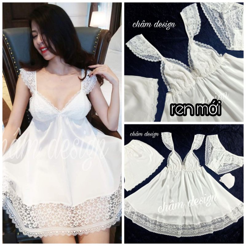 Váy ngủ lụa satin trắng tay ren chân ren gắn nơ nhỏ xinh(hàng thiết kế độc quyền)