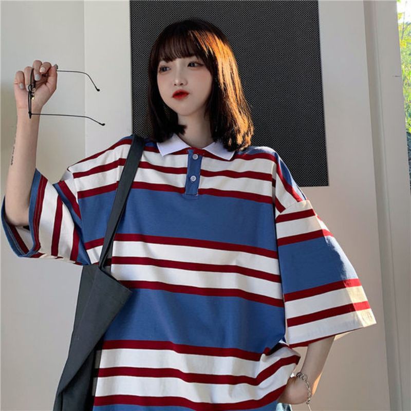 [Có sẵn] Áo phông polo dáng rộng kẻ ngang oversize phong cách retro Hàn