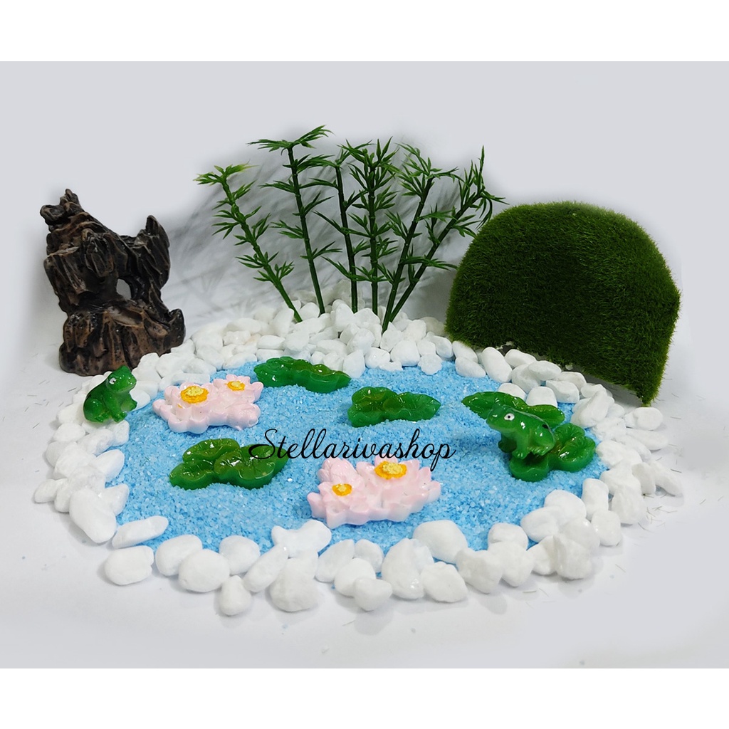 Tiểu cảnh terrarium hoa sen lá sen, ếch xanh mini trang trí chậu cây, sen đá, bể cá