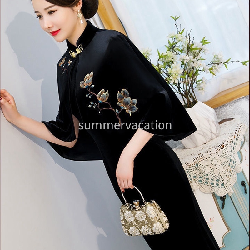 Đầm sườn xám vải nhung thêu họa tiết thủ công thời trang năm mới cho nữ | BigBuy360 - bigbuy360.vn