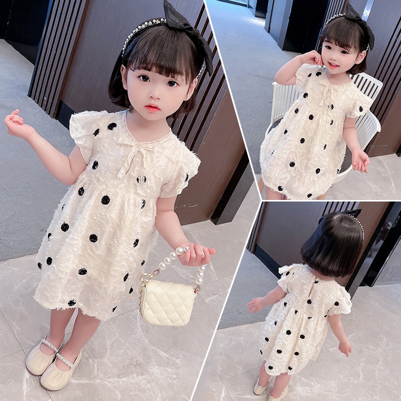 2021 Bé gái Mùa hè Hàn Quốc Tay ngắn áo Jacquard 1--6 Tuổi Trẻ em mỏng Polka Dot Princess Skirt