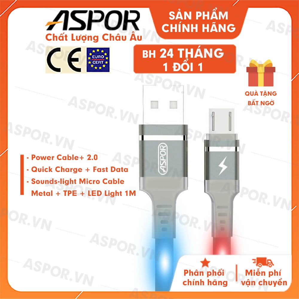 Cáp sạc ASPOR USB-Micro 2.4A dài 1m đèn LED nhảy theo nhạc - A181