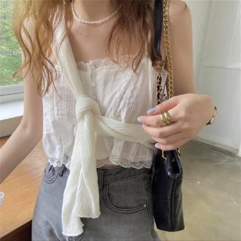 Áo ren hai dây croptop nữ kiểu ngắn kèm áo khoác cardigan len tay dài - Order taobao quảng châu