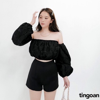 Áo trễ vai croptop tay rời vân hoa hông đen tingoan VALENTINA OFF/BL