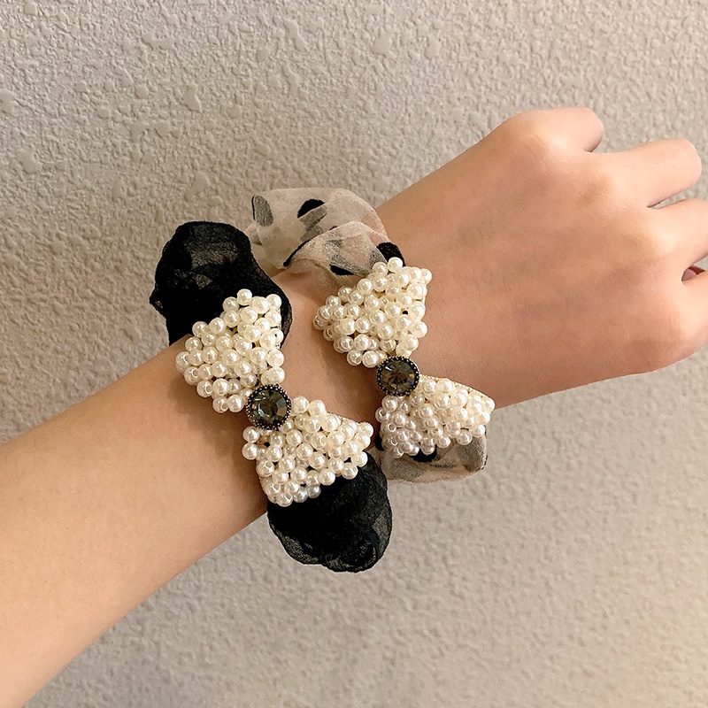 Dây Cột Tóc Nơ Họa Tiết Chấm Bi Đen Đính Ngọc Trai Phong Cách Hàn Quốc