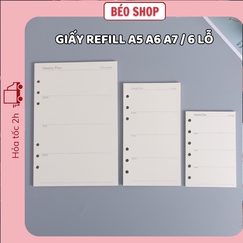 Giấy Refill A5 A6 A7 Béo shop , Ruột sổ còng 6 lỗ làm sổ planner bullet journal